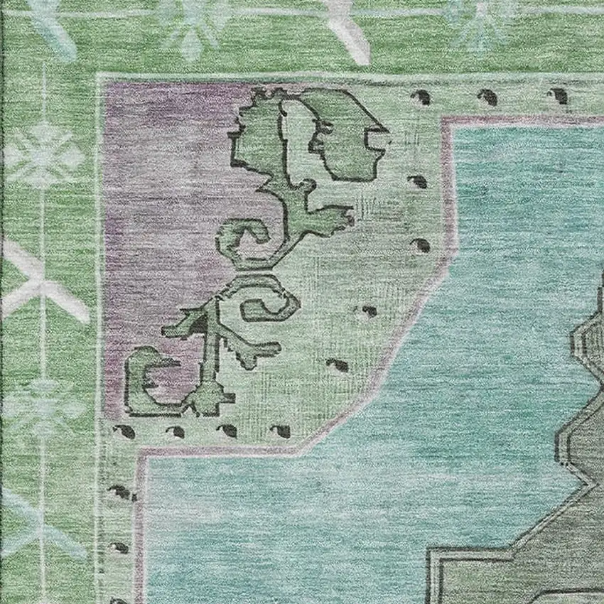 Teal Green And Lavender Oriental Washable Area Rug With UV Protection Photo 2