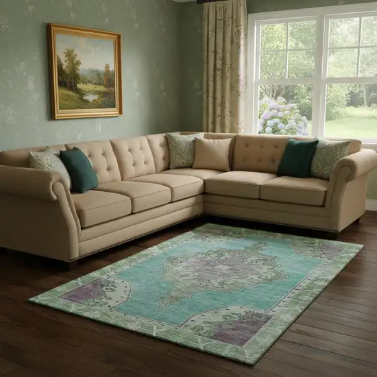 Teal Green And Lavender Oriental Washable Area Rug With UV Protection Photo 2