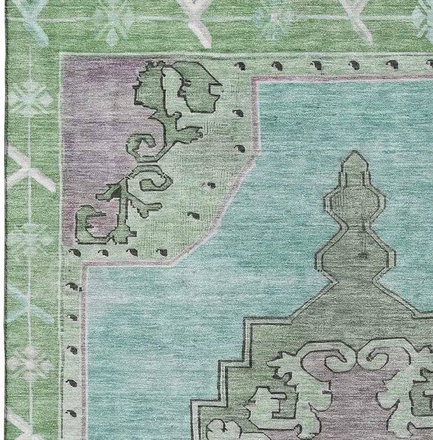 Teal Green And Lavender Oriental Washable Area Rug With UV Protection Photo 3
