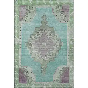 Photo of Teal Green And Lavender Oriental Washable Area Rug With UV Protection