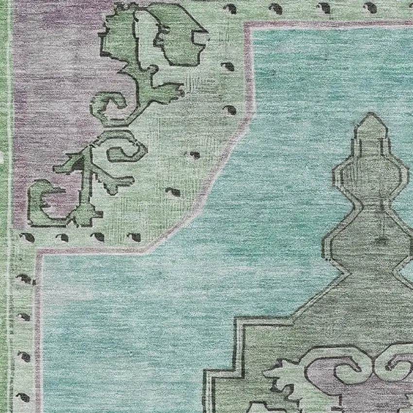 Teal Green And Lavender Oriental Washable Area Rug With UV Protection Photo 2