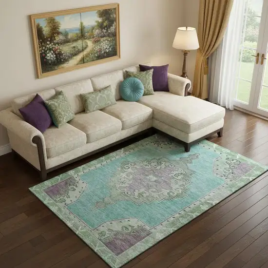 Teal Green And Lavender Oriental Washable Area Rug With UV Protection Photo 2