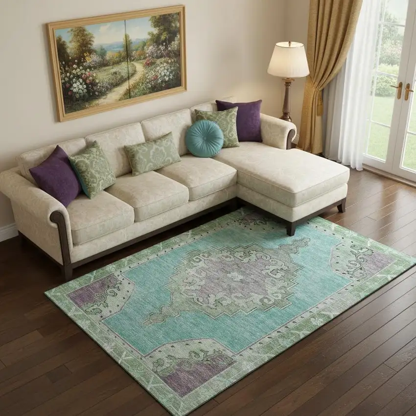 Teal Green And Lavender Oriental Washable Area Rug With UV Protection Photo 2
