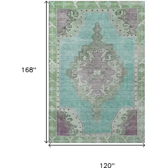 Teal Green And Lavender Oriental Washable Area Rug With UV Protection Photo 9