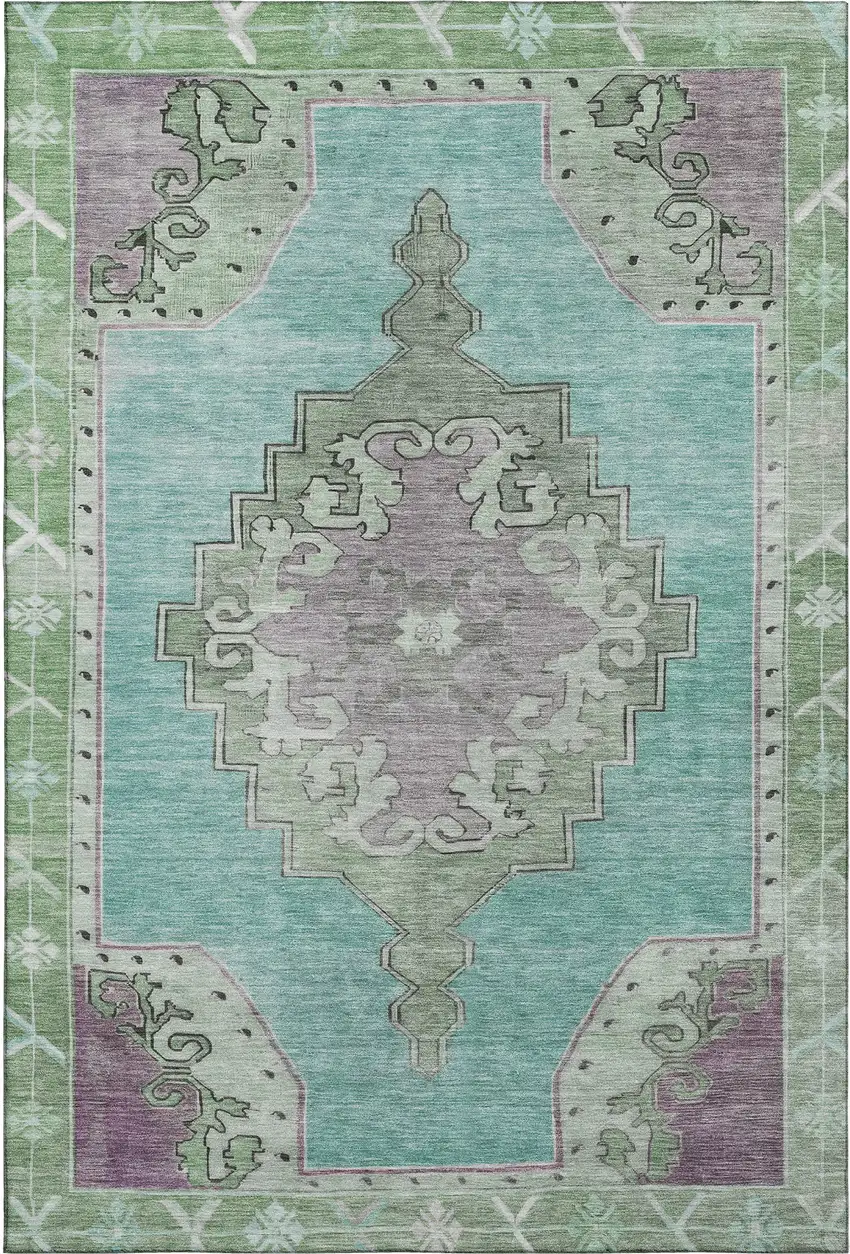 Teal Green And Lavender Oriental Washable Area Rug With UV Protection Photo 1
