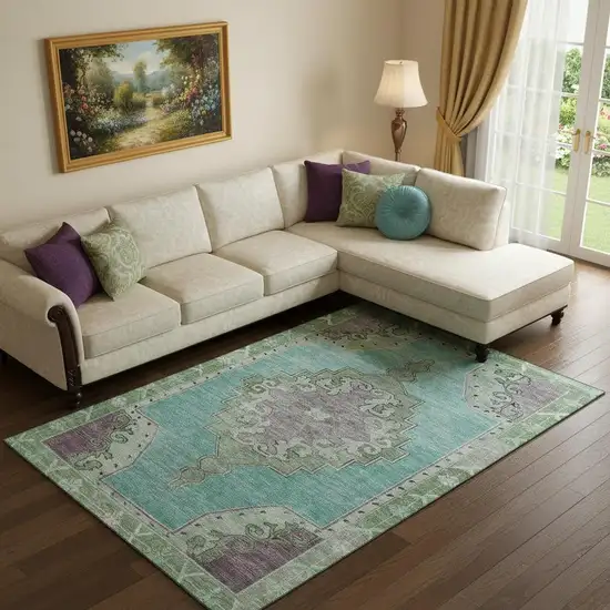 Teal Green And Lavender Oriental Washable Area Rug With UV Protection Photo 2