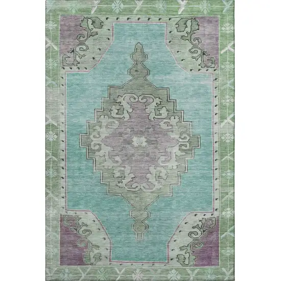 Teal Green And Lavender Oriental Washable Area Rug With UV Protection Photo 2