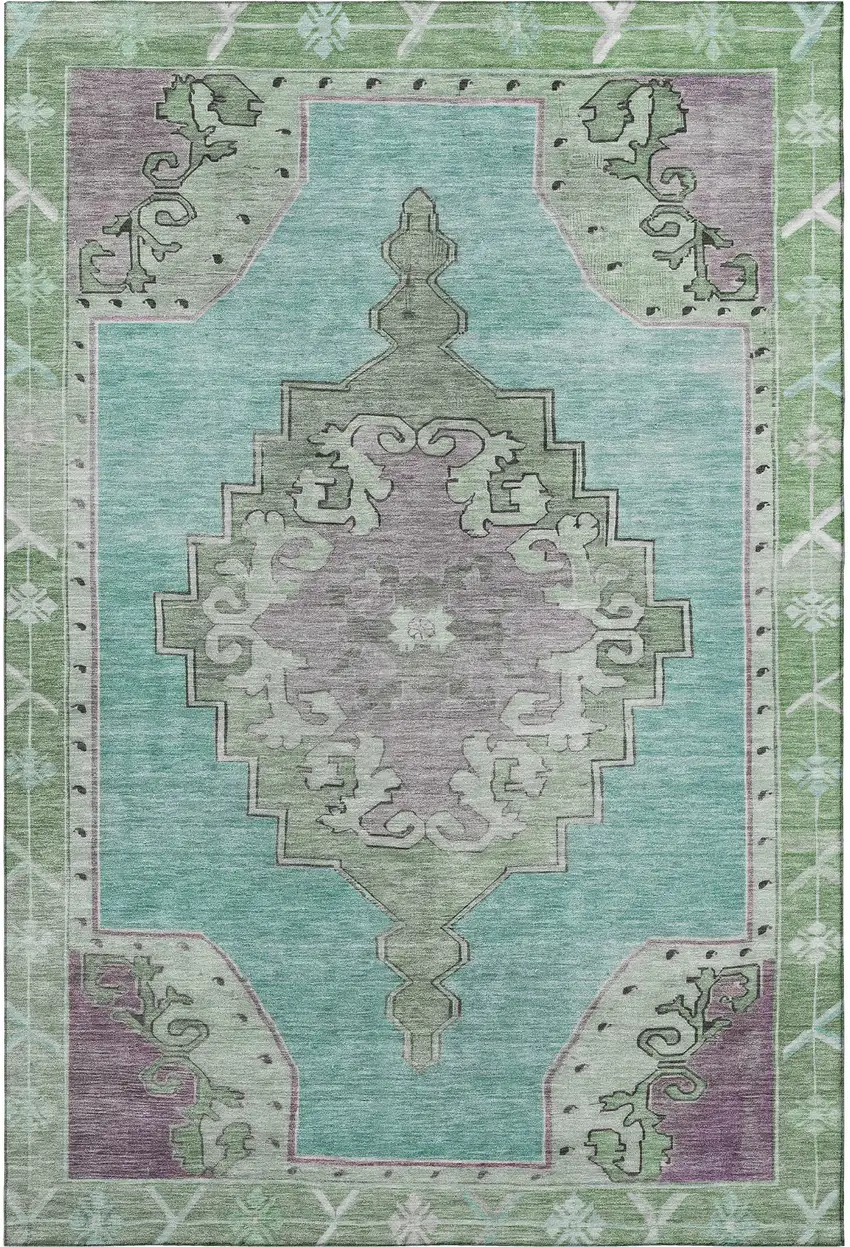 Teal Green And Lavender Oriental Washable Area Rug With UV Protection Photo 2