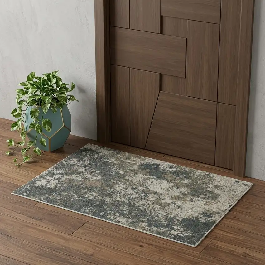 Blue And Beige Abstract Distressed Area Rug Photo 1
