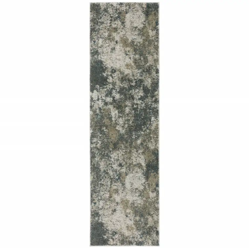 Teal Grey Tan And Beige Abstract Power Loom Stain Resistant Runner Rug Photo 1