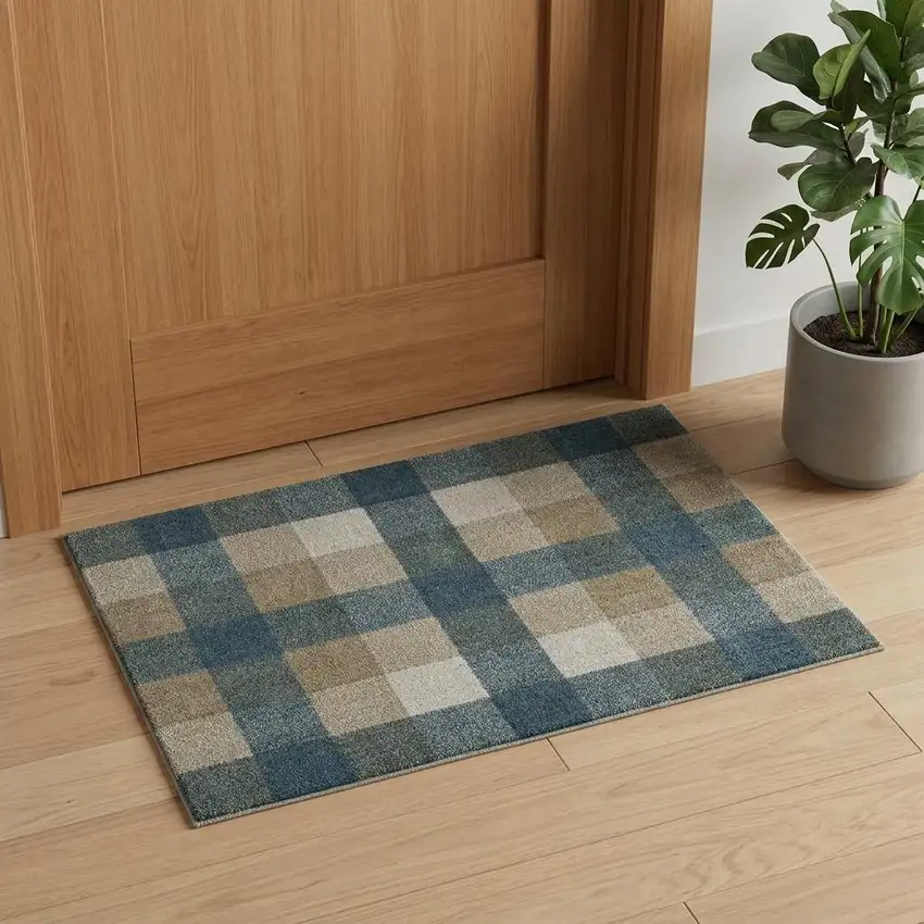 Blue And Beige Geometric Distressed Area Rug Photo 1