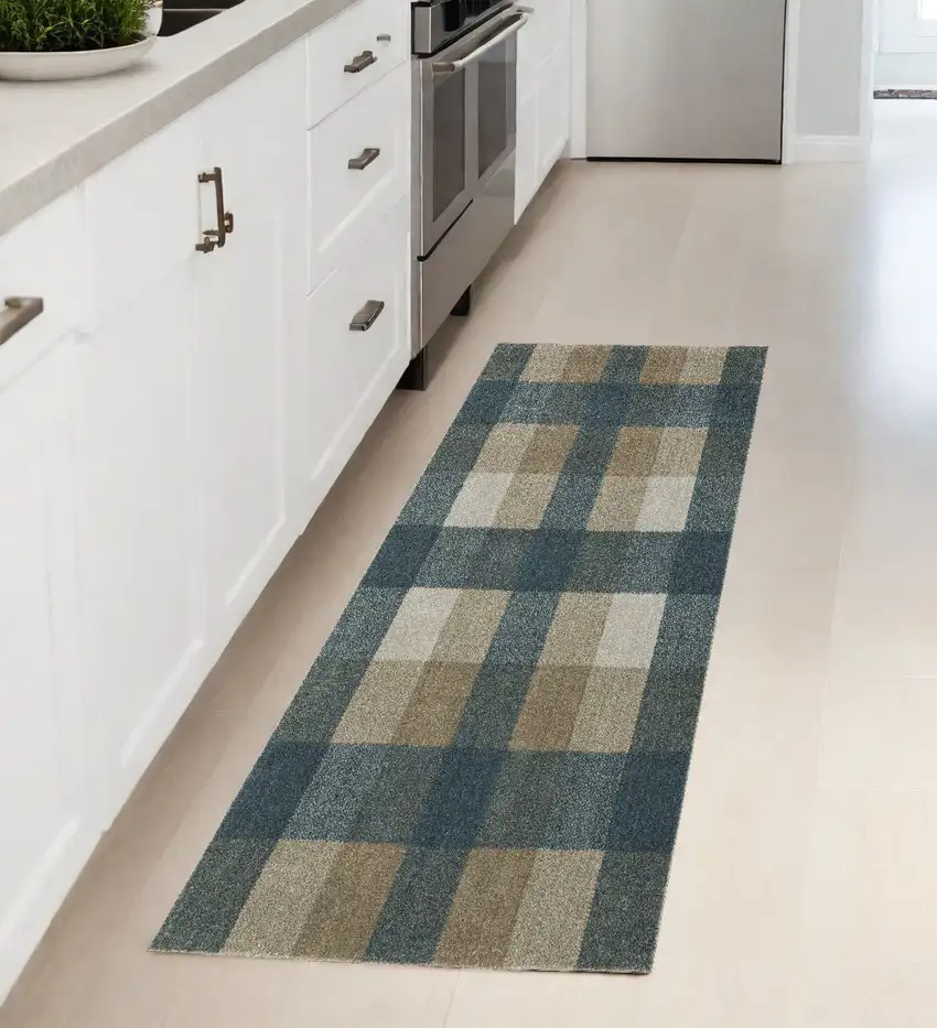 Tan and Gray Geometric Power Loom Runner Rug Photo 1