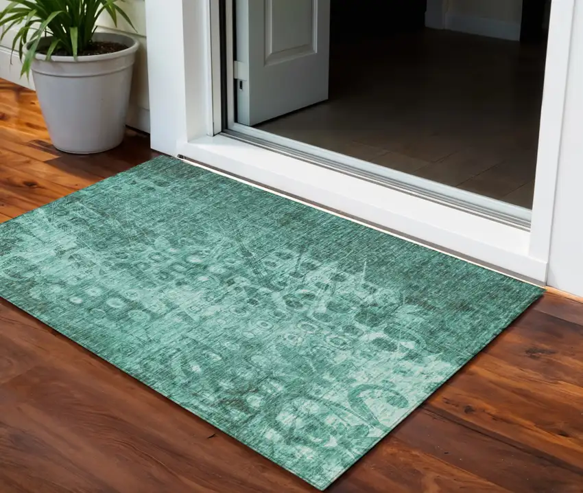 Teal Ikat Washable Non Skid Indoor Outdoor Area Rug Photo 1