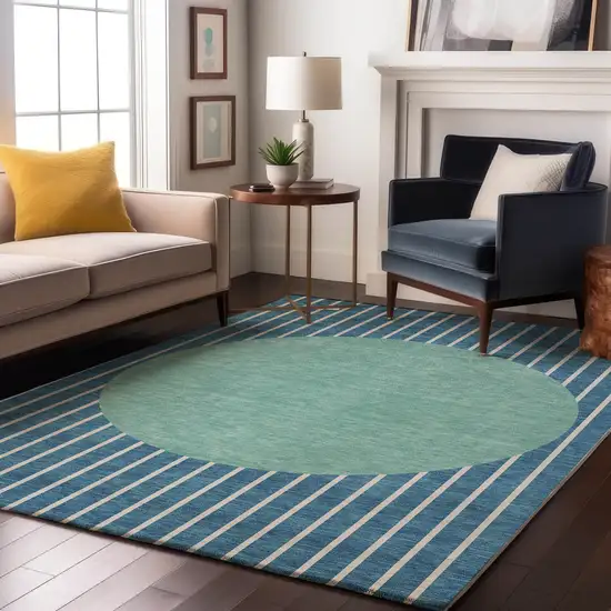 Teal Ivory And Aqua Striped Washable Area Rug With UV Protection Photo 4