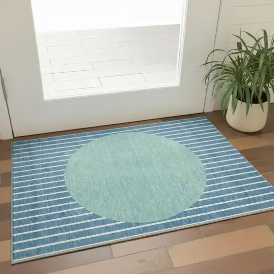 Teal Ivory And Aqua Striped Washable Area Rug With UV Protection Photo 2