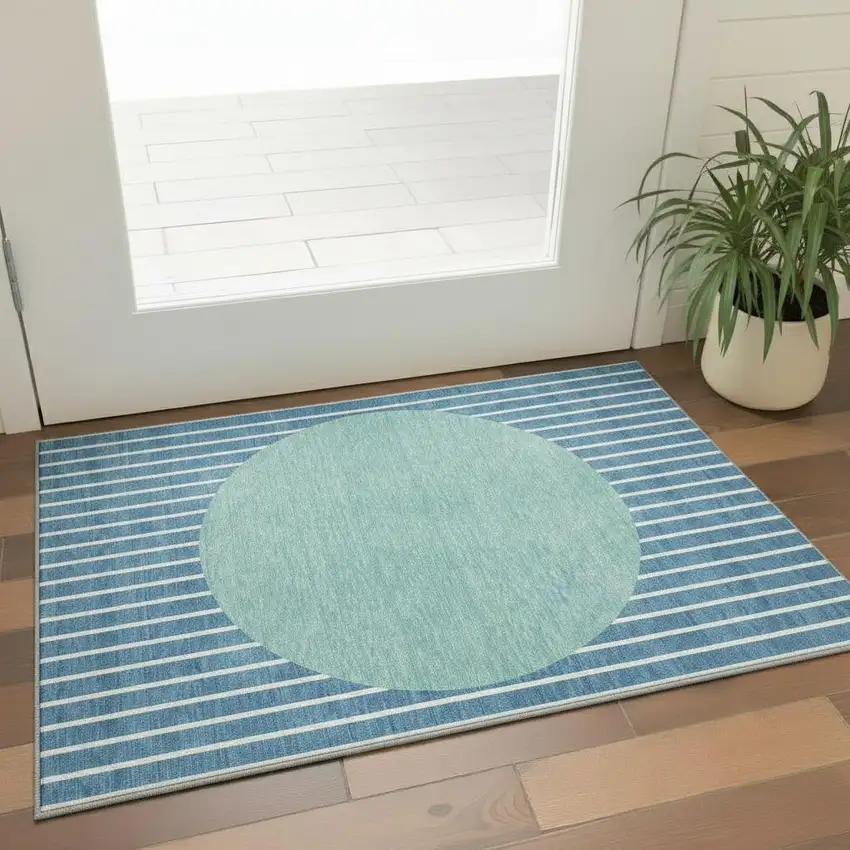 Teal Ivory And Aqua Striped Washable Area Rug With UV Protection Photo 2