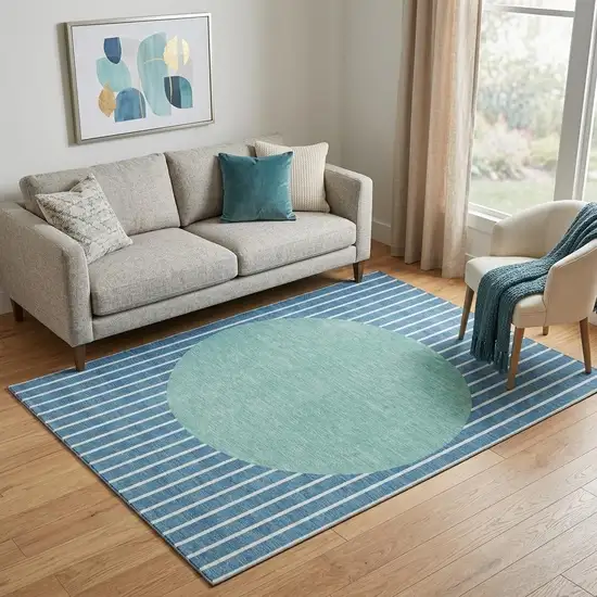 Teal Ivory And Aqua Striped Washable Area Rug With UV Protection Photo 1