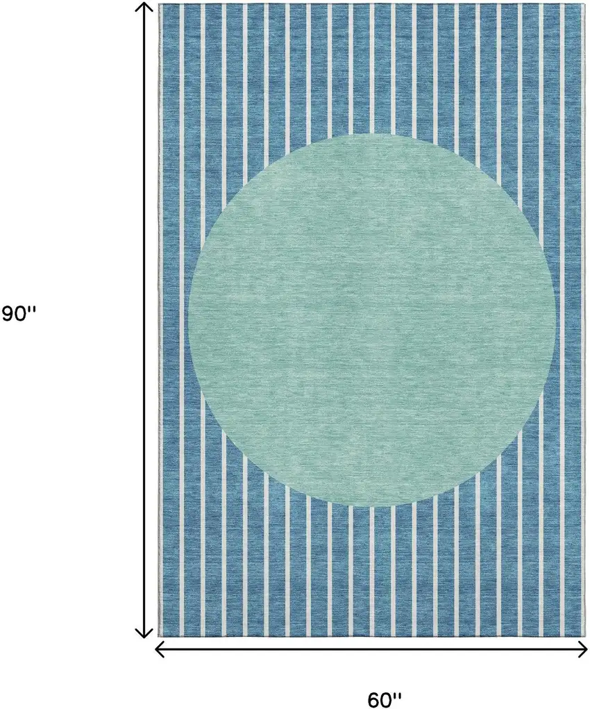 Teal Ivory And Aqua Striped Washable Area Rug With UV Protection Photo 8