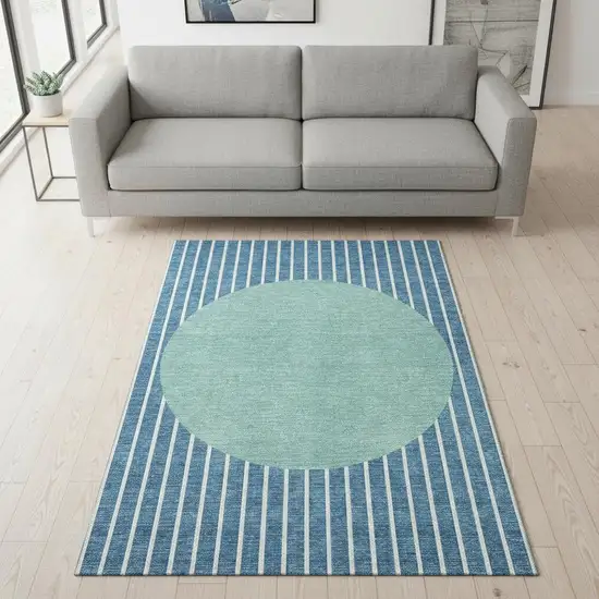 Teal Ivory And Aqua Striped Washable Area Rug With UV Protection Photo 2