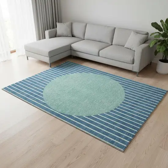 Teal Ivory And Aqua Striped Washable Area Rug With UV Protection Photo 2