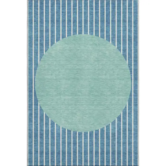 Teal Ivory And Aqua Striped Washable Area Rug With UV Protection Photo 1
