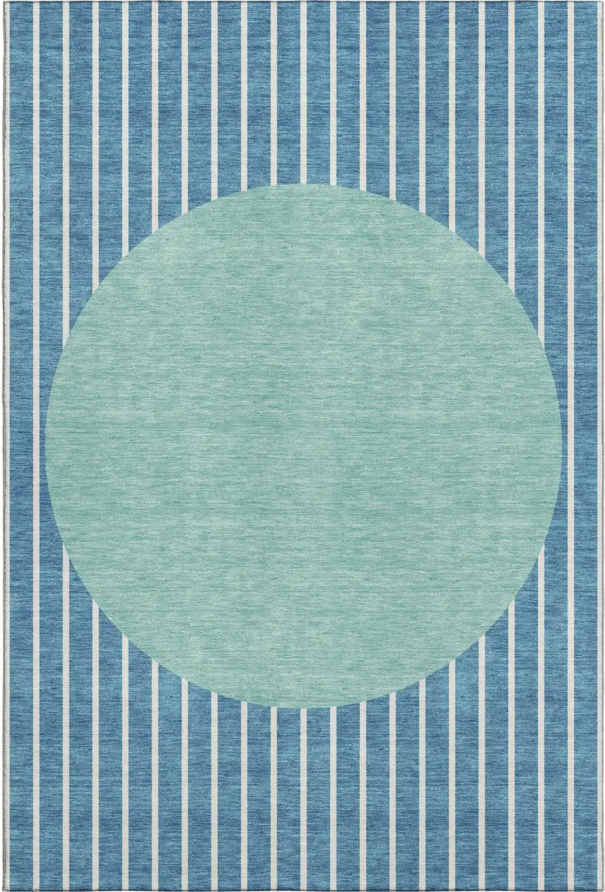 Teal Ivory And Aqua Striped Washable Area Rug With UV Protection Photo 1