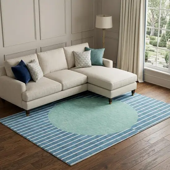 Teal Ivory And Aqua Striped Washable Area Rug With UV Protection Photo 1