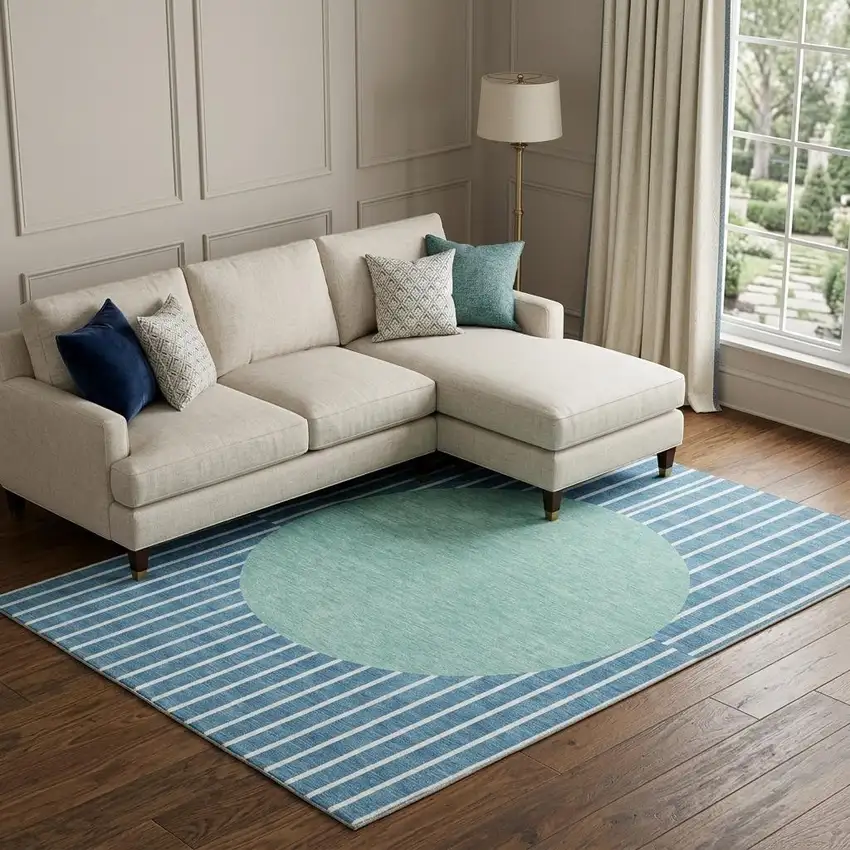 Teal Ivory And Aqua Striped Washable Area Rug With UV Protection Photo 1