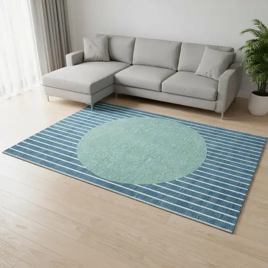Teal Ivory And Aqua Striped Washable Area Rug With UV Protection Photo 2