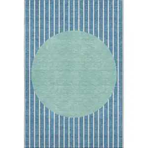 Photo of Teal Ivory And Aqua Striped Washable Area Rug With UV Protection