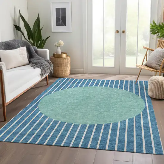 Teal Ivory And Aqua Striped Washable Area Rug With UV Protection Photo 5