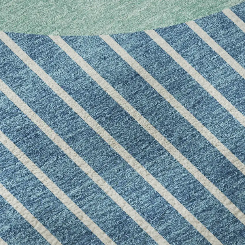 Teal Ivory And Aqua Striped Washable Area Rug With UV Protection Photo 9