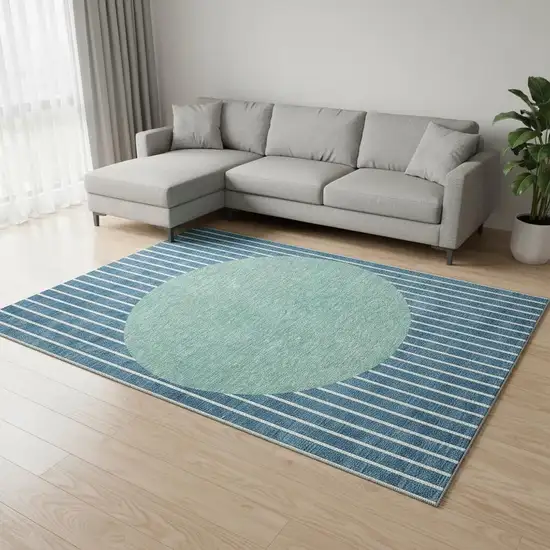 Teal Ivory And Aqua Striped Washable Area Rug With UV Protection Photo 2