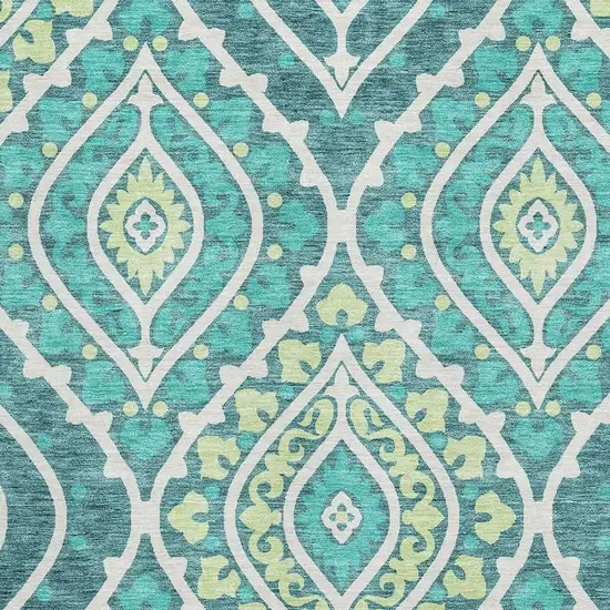 Teal Ivory And Artichoke Green Diamond Washable Area Rug With UV Protection Photo 3