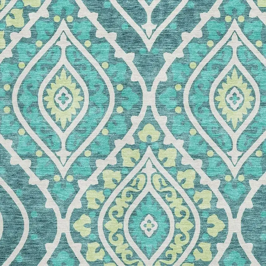 Teal Ivory And Artichoke Green Diamond Washable Area Rug With UV Protection Photo 3
