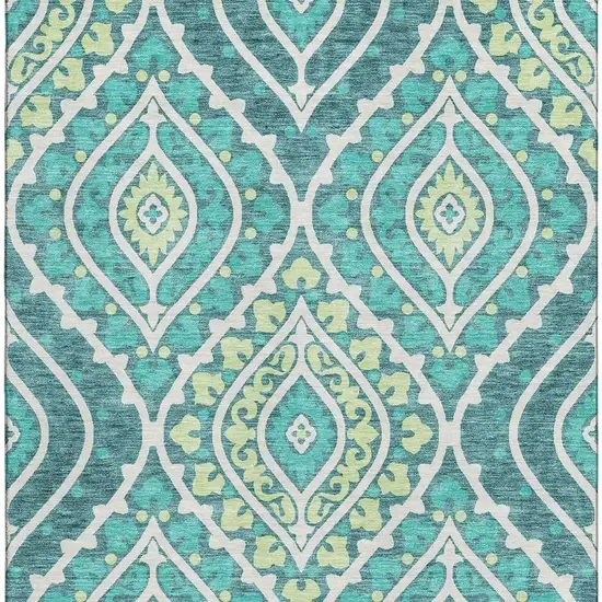 Teal Ivory And Artichoke Green Diamond Washable Area Rug With UV Protection Photo 4