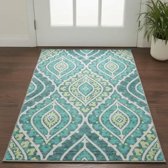 Teal Ivory And Artichoke Green Diamond Washable Area Rug With UV Protection Photo 2