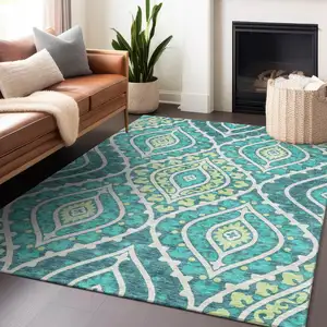 Photo of Teal Ivory And Artichoke Green Diamond Washable Area Rug With UV Protection