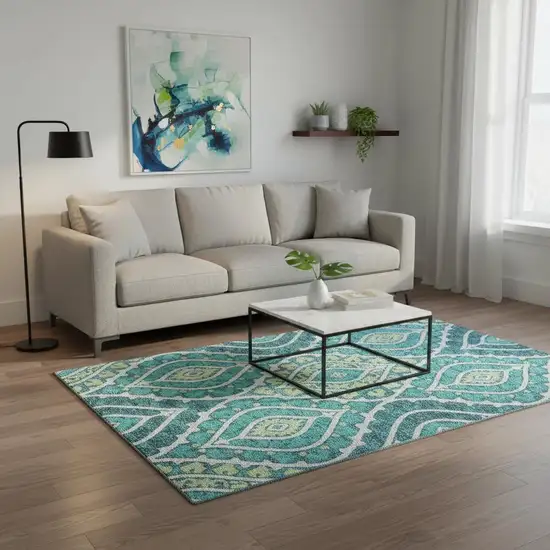 Teal Ivory And Artichoke Green Diamond Washable Area Rug With UV Protection Photo 2