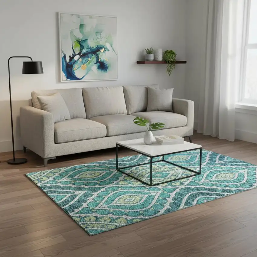 Teal Ivory And Artichoke Green Diamond Washable Area Rug With UV Protection Photo 2