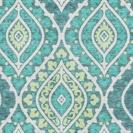 Teal Ivory And Artichoke Green Diamond Washable Area Rug With UV Protection Photo 3