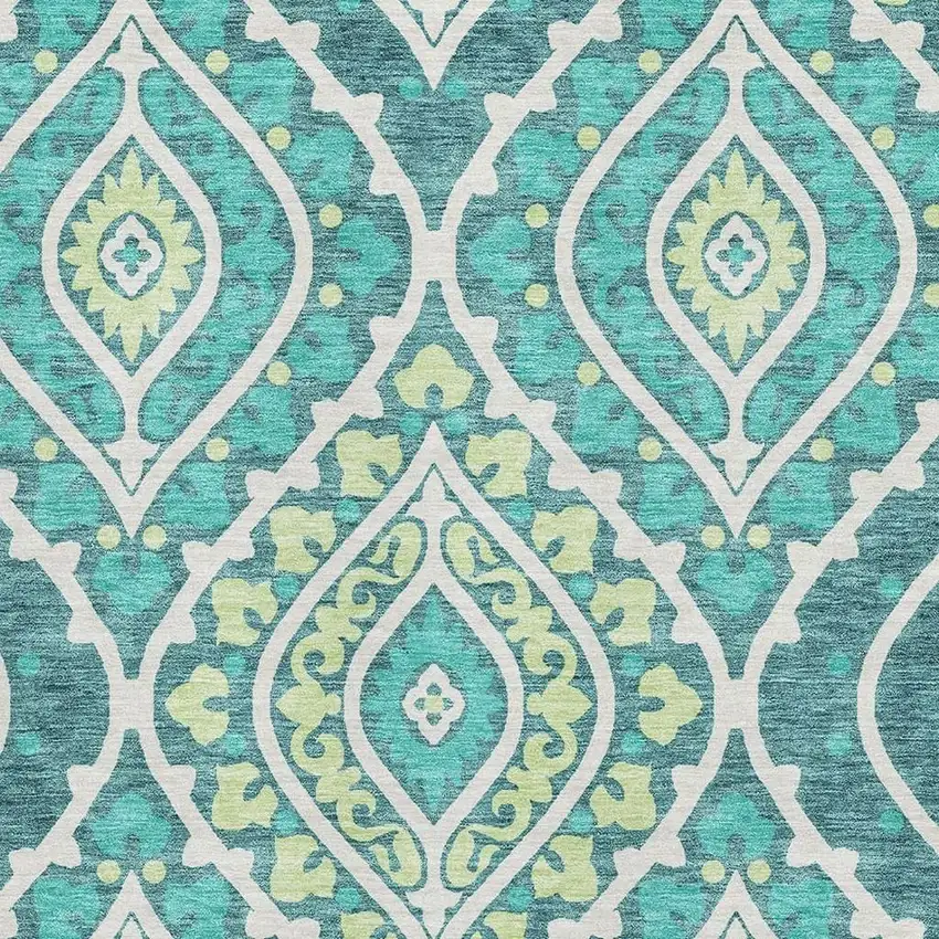 Teal Ivory And Artichoke Green Diamond Washable Area Rug With UV Protection Photo 3