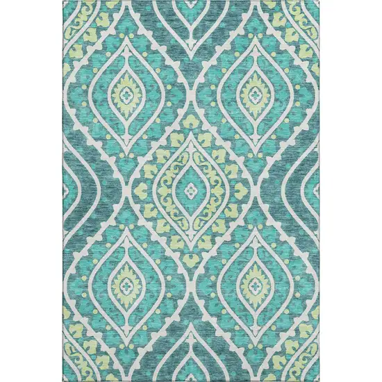 Teal Ivory And Artichoke Green Diamond Washable Area Rug With UV Protection Photo 1