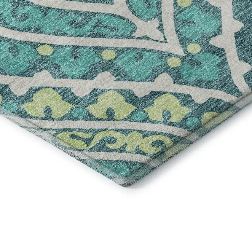 Teal Ivory And Artichoke Green Diamond Washable Area Rug With UV Protection Photo 7