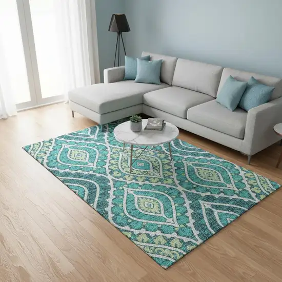 Teal Ivory And Artichoke Green Diamond Washable Area Rug With UV Protection Photo 2