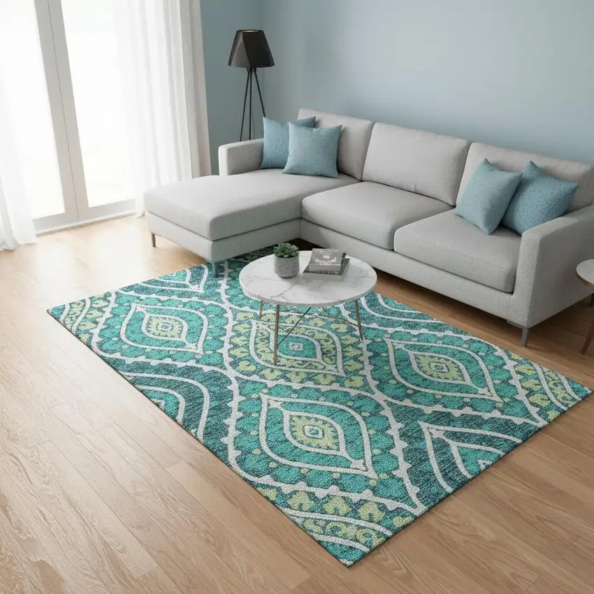 Teal Ivory And Artichoke Green Diamond Washable Area Rug With UV Protection Photo 2