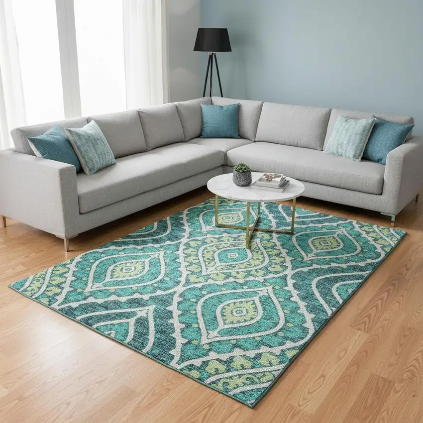 Teal Ivory And Artichoke Green Diamond Washable Area Rug With UV Protection Photo 2