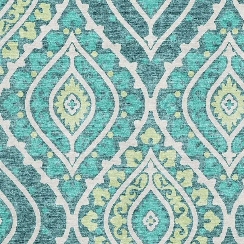 Teal Ivory And Artichoke Green Diamond Washable Area Rug With UV Protection Photo 3