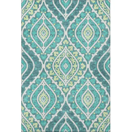 Teal Ivory And Artichoke Green Diamond Washable Area Rug With UV Protection Photo 4