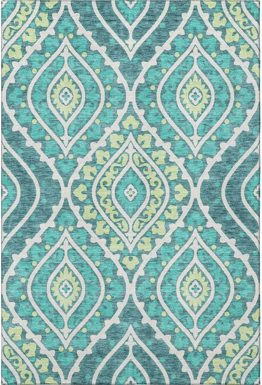 Teal Ivory And Artichoke Green Diamond Washable Area Rug With UV Protection Photo 4